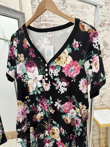 Floral Short Sleeve Night Dress in Black