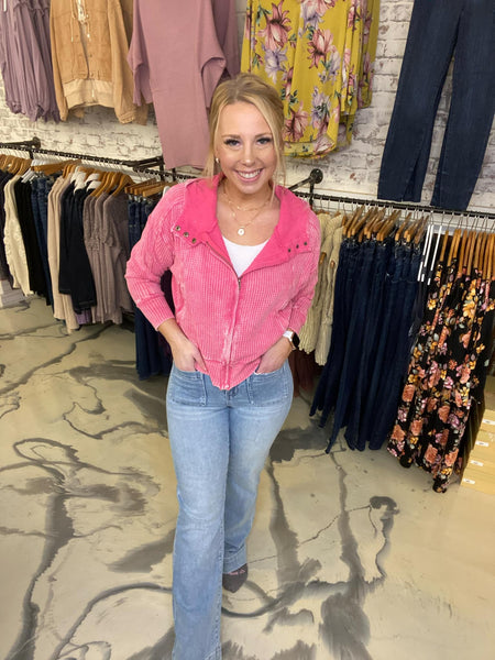 Waffle Mineral Washed Jacket In Pink