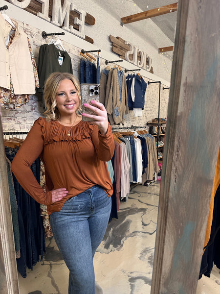 Elaina Ruffle Top in Cognac