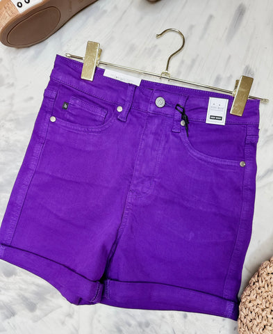 Judy Blue HW Tummy Control Garment Dyed Purple Shorts