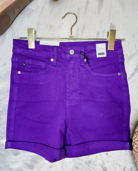 Judy Blue HW Tummy Control Garment Dyed Purple Shorts