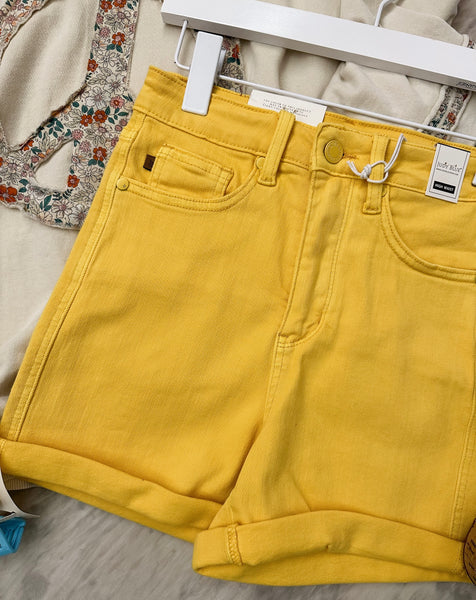 Judy Blue HW Tummy Control Garment Dyed Yellow Shorts