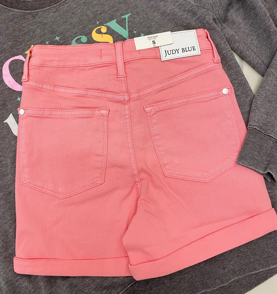 Judy Blue HW Tummy Control Garment Dyed Pink Shorts