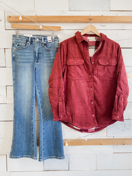 Reversible Corduroy Flannel Plaid Shacket in Burgundy