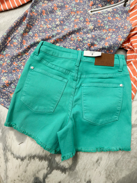 Judy Blue Aquamarine MR garment dyed fray hem shorts