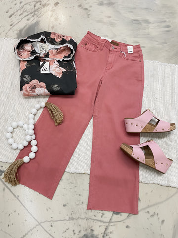 Judy Blue HW Garment Dyed Rose Raw Hem Crop Wide