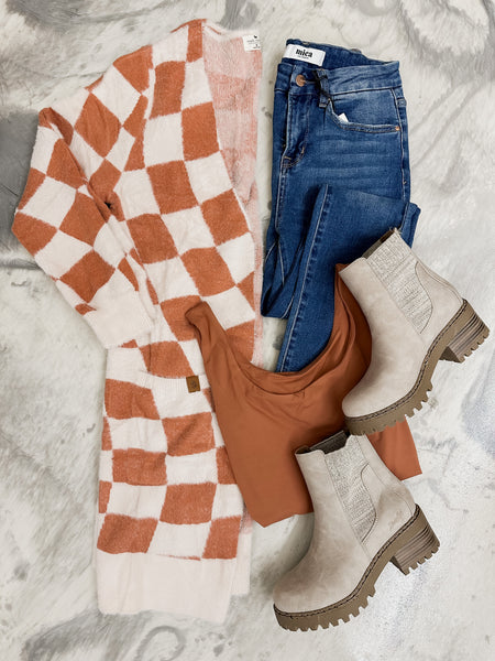 Fuzzy Checkered Cardi in Tan