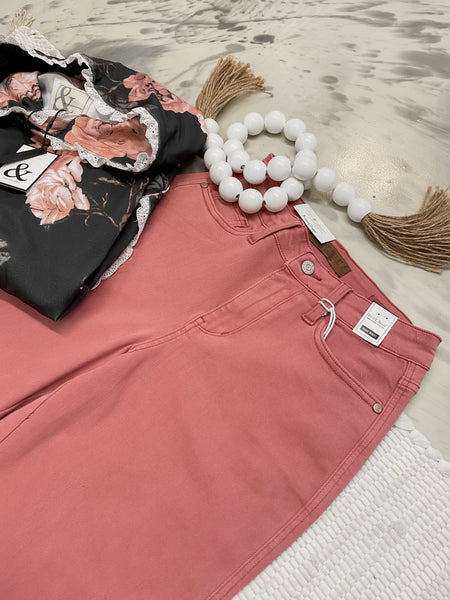 Judy Blue HW Garment Dyed Rose Raw Hem Crop Wide