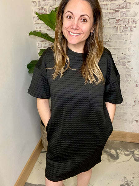 Black Out Friday Quilted Shift Dress in Black