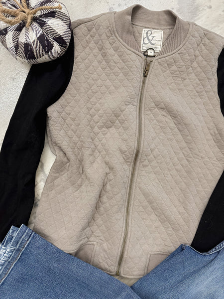 Ampersand Ave Quilted Bomber Taupe & Black