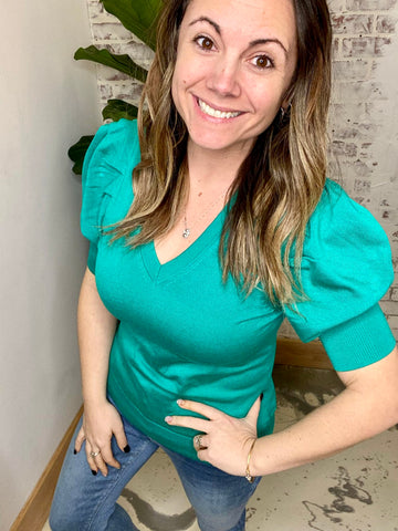 V Neck Batton Bubble Top in Aqua