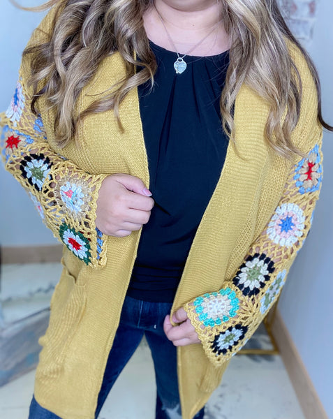 Crochet Sleeve Cardigan Mustard