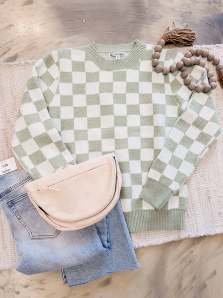 Michelle Mae Checkered Sweater Sage and White