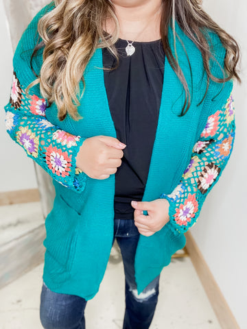 Crochet Sleeve Cardigan Teal