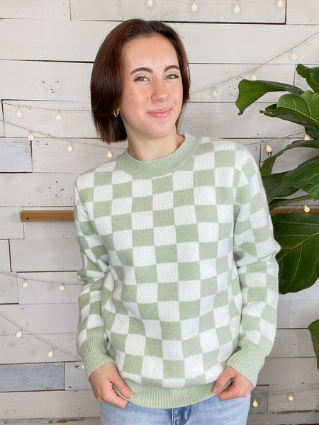 Michelle Mae Checkered Sweater Sage and White