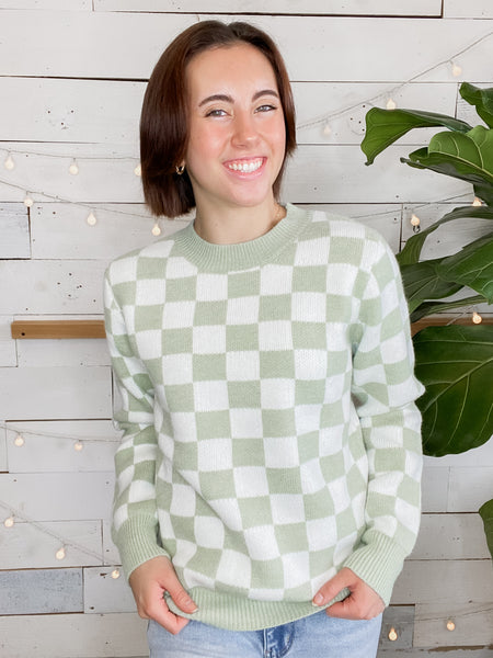 Michelle Mae Checkered Sweater Sage and White