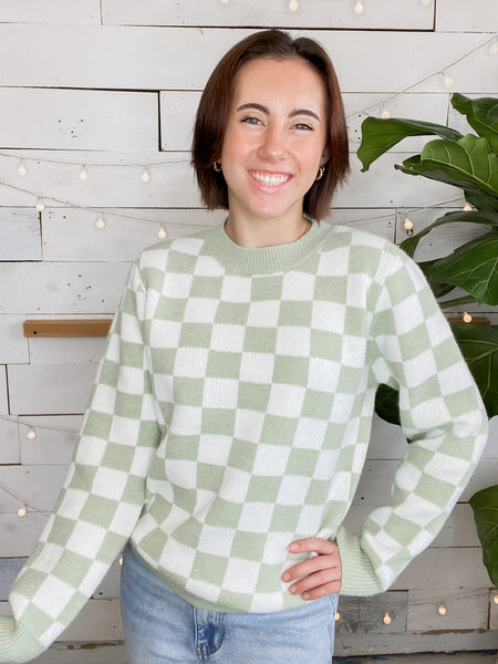Michelle Mae Checkered Sweater Sage and White