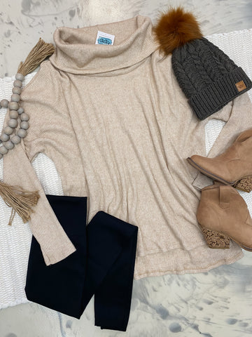 Cowl Neck Rib Cashmere Hacci in Beige