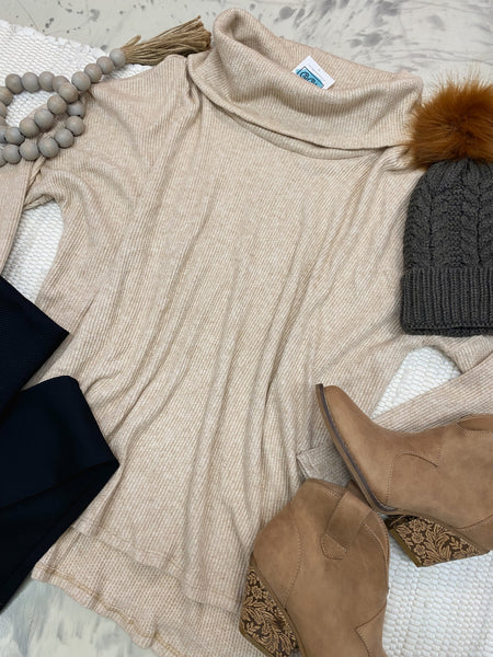 Cowl Neck Rib Cashmere Hacci in Beige