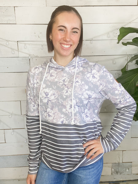 Michelle Mae Hailey Pullover Hoodie Vintage Grey Floral and Stripes