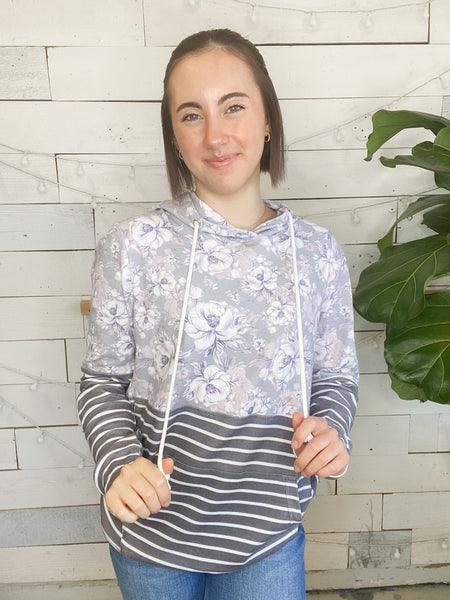 Michelle Mae Hailey Pullover Hoodie Vintage Grey Floral and Stripes