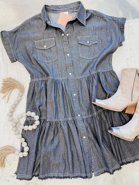 Tiered Denim Babydoll in Charcoal
