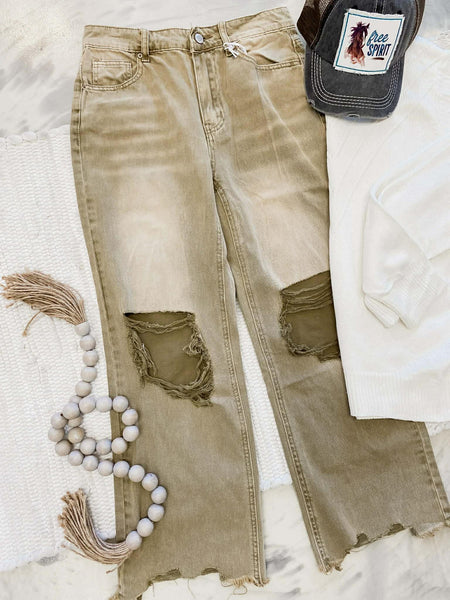 Acid Wash Destroyed Denim in Camel
