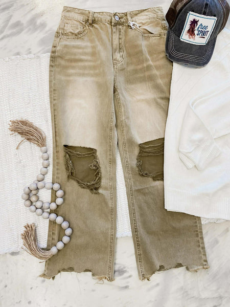 Acid Wash Destroyed Denim in Camel