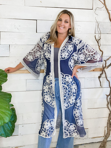 Longline Lace Kimono in Navy