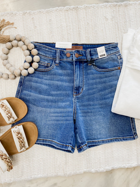 Judy Blue HW Button Mid Length Dad Shorts