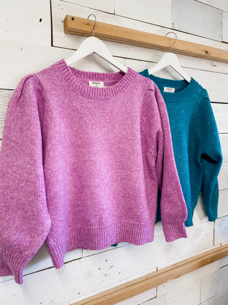 Melange Puff Sleeve Round Neck Sweater