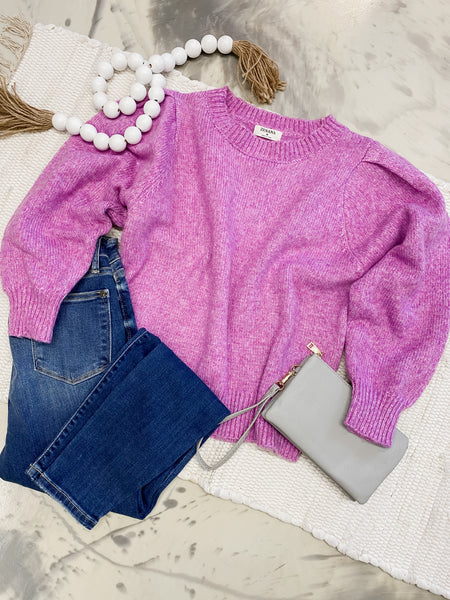 Melange Puff Sleeve Round Neck Sweater