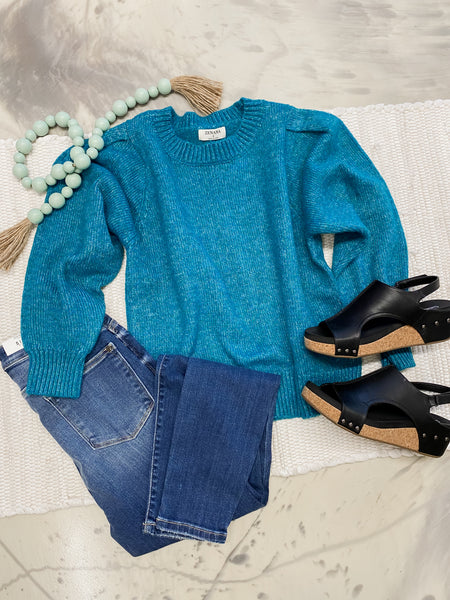 Melange Puff Sleeve Round Neck Sweater