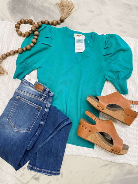 V Neck Batton Bubble Top in Aqua
