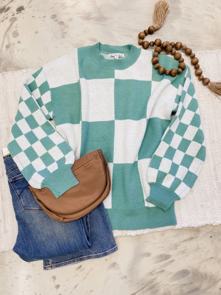 Michelle Mae Checkered Pullover in Dusty Jade
