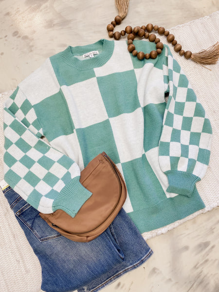 Michelle Mae Checkered Pullover in Dusty Jade