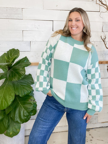 Michelle Mae Checkered Pullover in Dusty Jade