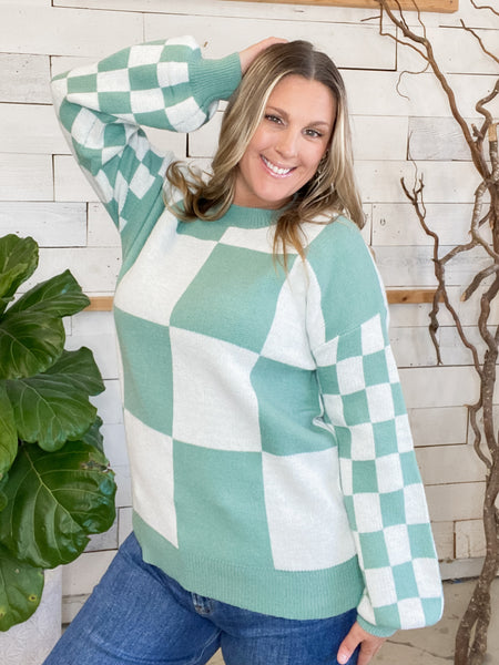 Michelle Mae Checkered Pullover in Dusty Jade