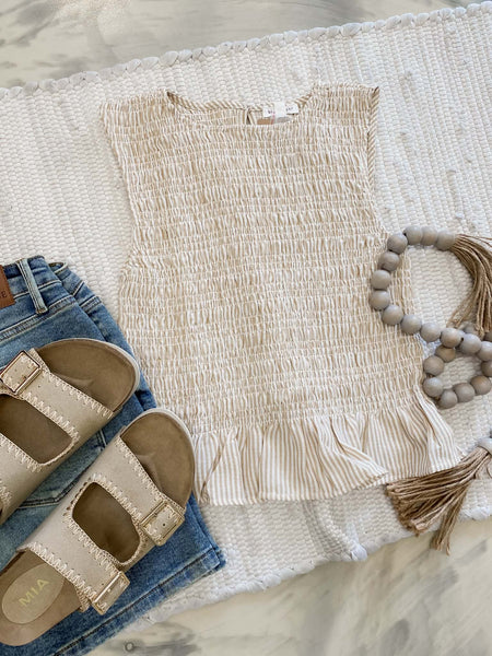 Smocked Ruffle Tank in Tan
