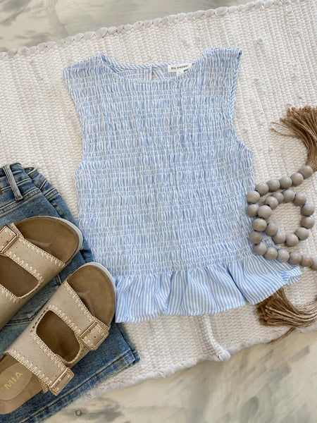 Smocked Ruffle Tank in Sky Blue