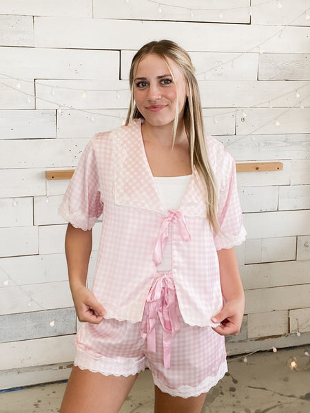 Pink Gingham Lace Trim PJ Set