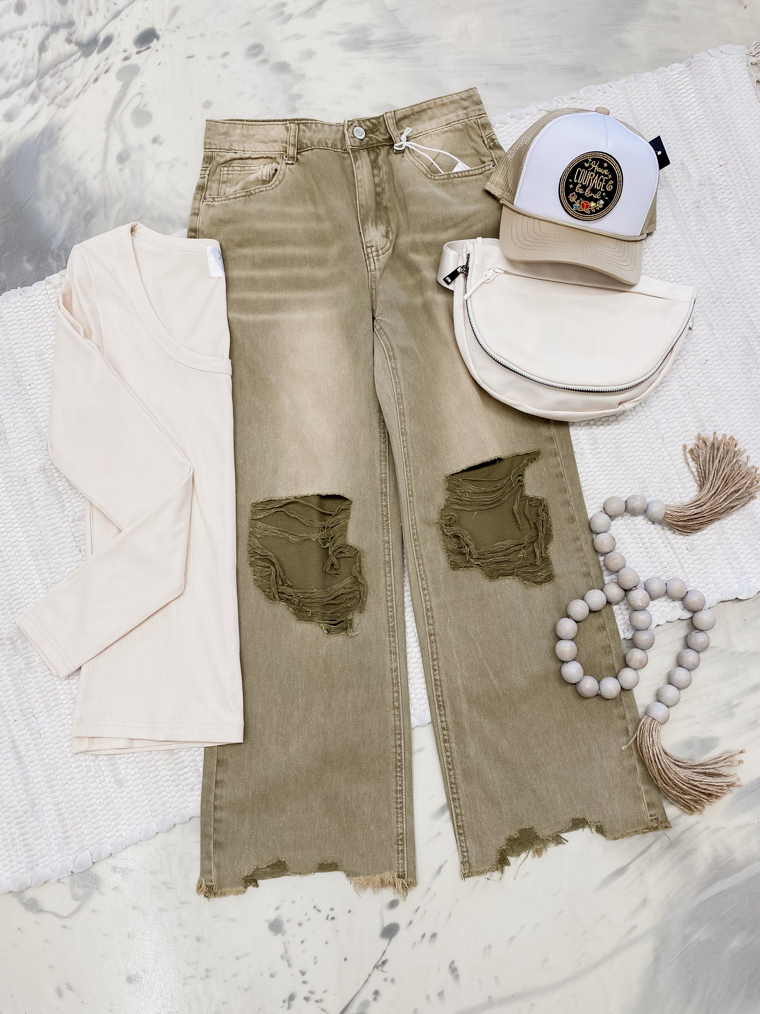 Acid Wash Destroyed Denim in Camel