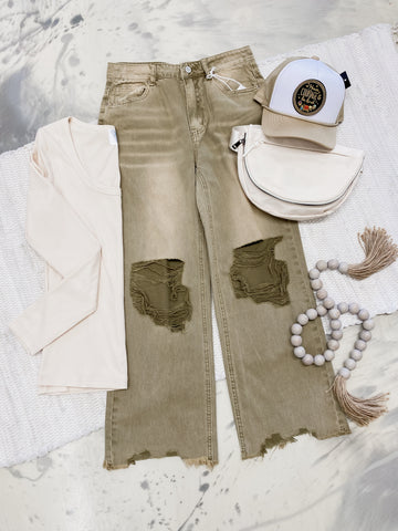 Acid Wash Destroyed Denim in Camel