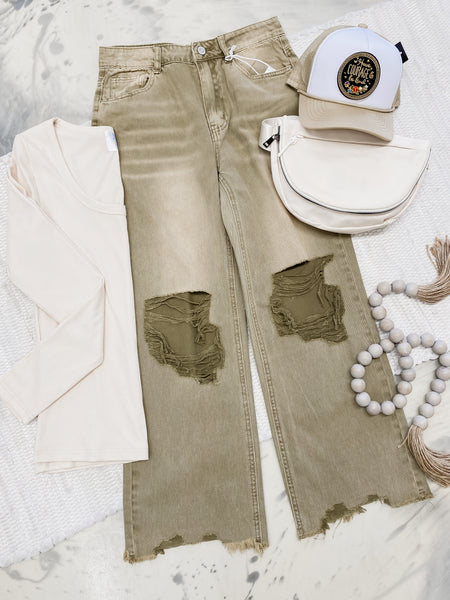 Acid Wash Destroyed Denim in Camel