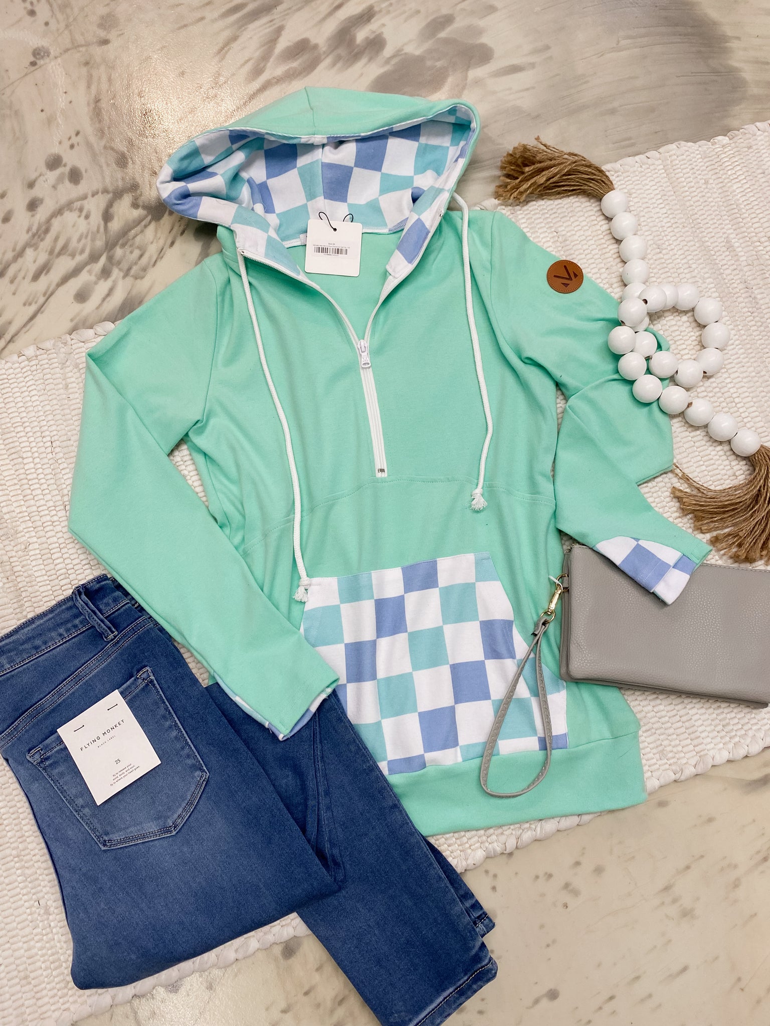 Michelle Mae Mint & Blue Checkered Half Zip