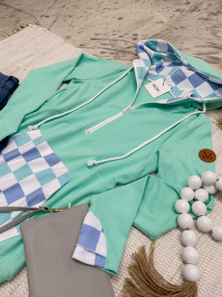 Michelle Mae Mint & Blue Checkered Half Zip