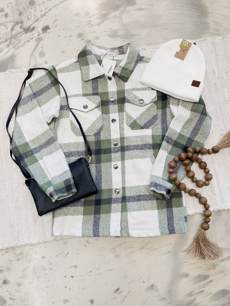 Michelle Mae Norah Plaid Shacket in Sage