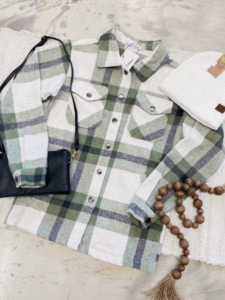 Michelle Mae Norah Plaid Shacket in Sage