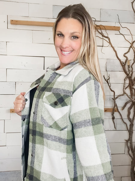 Michelle Mae Norah Plaid Shacket in Sage