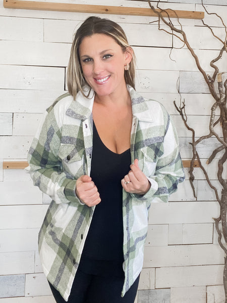 Michelle Mae Norah Plaid Shacket in Sage